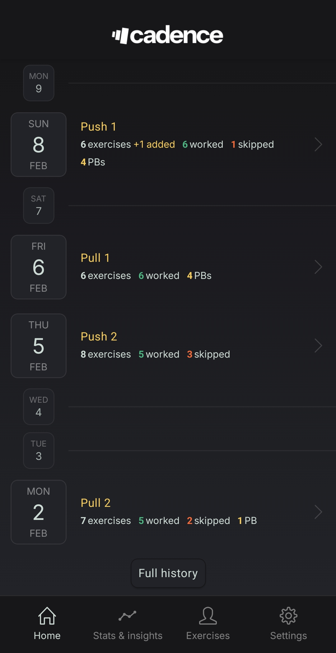 Cadence home screen showing training streaks and week overview